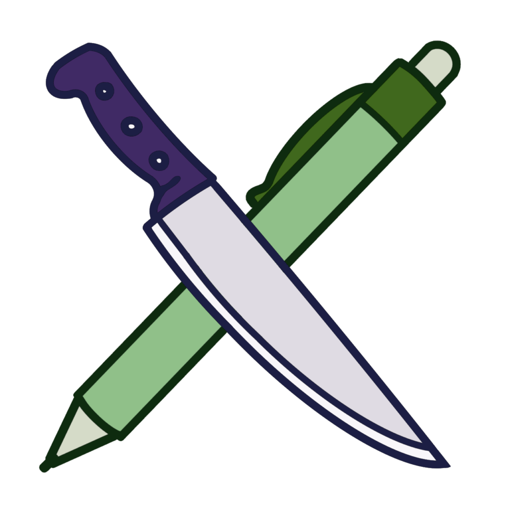 deeper cuts logo: Cartoon graphic of a knife crossed with a pen in an X shape.