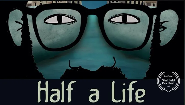 Painting of a man with dark browh hair, a mustache, and glasses. The man's skin is depicted as blue-green to mimic a river, and above the man's glasses you can see the outlines of a city. The title "Half a Life" is at the bottom.