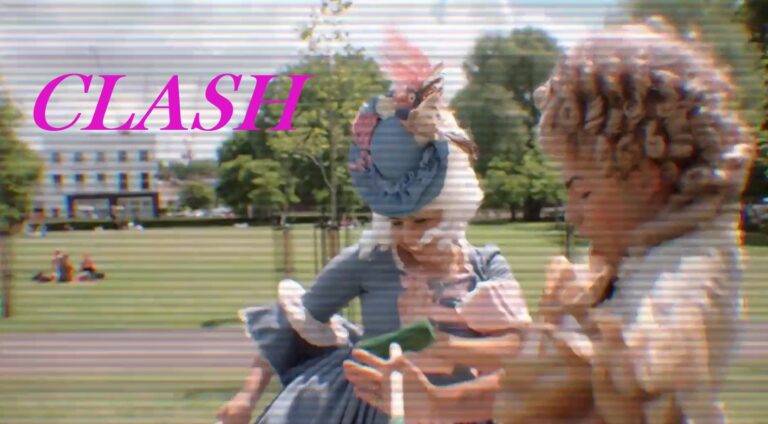 Still from the short film “Clash”, showing two people of color dressed up in 18th century English aristocratic garb and hairstyles, dancing around with croquet mallets in a park. The shot has horizontal lines running through it to mimic tv feedback and static.