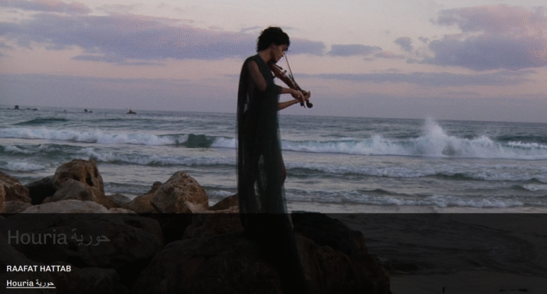 Film still from the short film Houria | حـ(و)ـرية, directed by Raafat Hattab. A violinist drapped in dark fishing nets plays violin on the beach, standing on large rocks as the waves roll in. The sky is pinkish, indicating the sun may be setting.