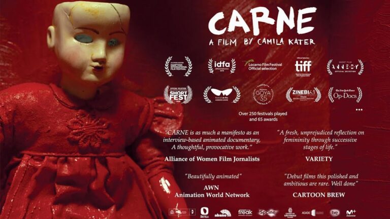 Film poster for "Carne", a film by Camila Kater. A broken porcelain doll sits in front of wall painted in deep blood-red with paintbrush strokes showing, and the doll's feminine dress is coated with the same paint. The doll has no eyes in its sockets and its scalp and hair have been removed. Laurels from various film festivals are displayed on the poster, with the summary "over 250 festivals played and 65 awards", as well as the following quotes from critics: Alliance of Women Film Journalists: "Carne is as much a manifesto as an interview-based animated documentary. A thoughtful, provocative work." Variety: "A fresh, unprejudiced reflection on femininity through successive stages of life." Animated World Network: "Beautifully animated." Cartoon Brew: "Debut films this polished and ambitious are rare. Well done."