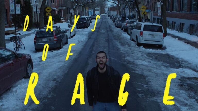 Walid (played by Eli Jean Tahchi) is alone in the middle of a snowy street in a neighborhood, with cars parked on either side and rows of townhouses. Walid is screaming in anguish. The words “Days of Rage” are superimposed in yellow.