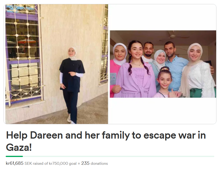GoFundMe titled “Help Dareen and her family to escape war in Gaza!” which includes two photos, one of Dareen smiling in front of a building, and the other of her with six other members of her family.