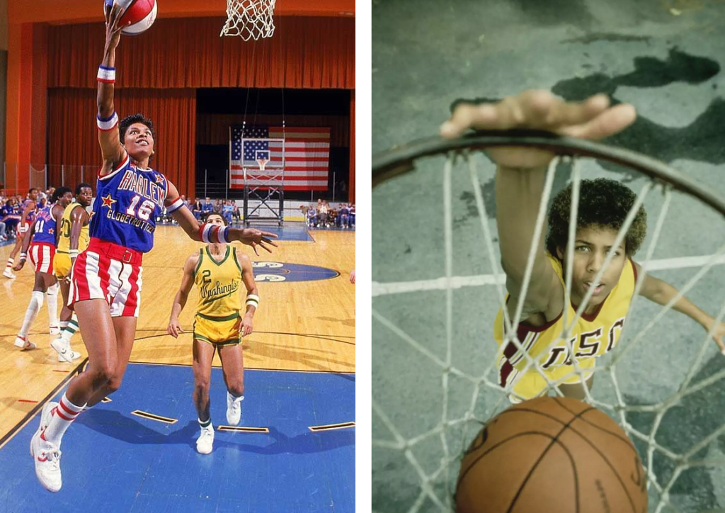 Two separate photos: on the left, Lynette Woodard, wearing a red, white, and blue Harlem Globetrotter #16 jersey, jumps for a shot in a gym while defenders behind her look on; on the right, from the perspective of just above the basket, Cheryl Miller dunks while wearing her yellow USC jersey
