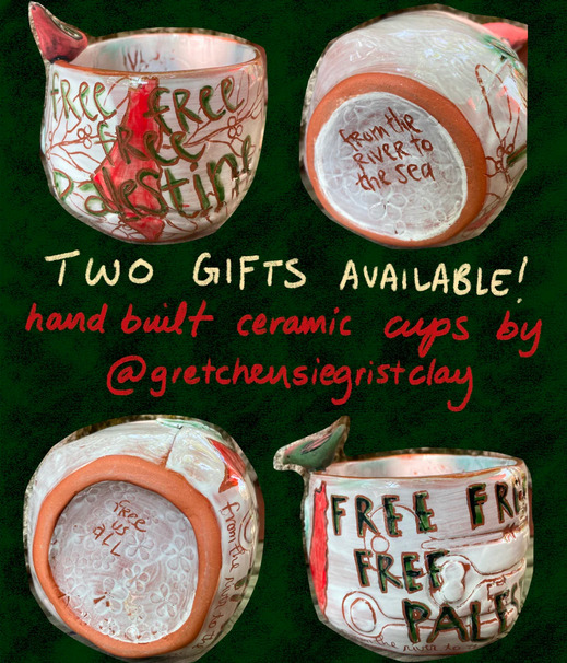 Graphic showing two sets of mugs that say "free free Palestine" and "from the river to the sea" on them, with the colors of the Palestinian flag.