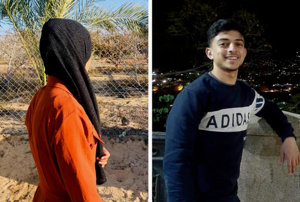 Rozan and Aboud: Split image: on the right is a woman wearing a red dress and a black hijab, her face turned away from the screen, and on the left is a man smiling while wearing an Adidas sweatshirt, in front of city lights in the night.
