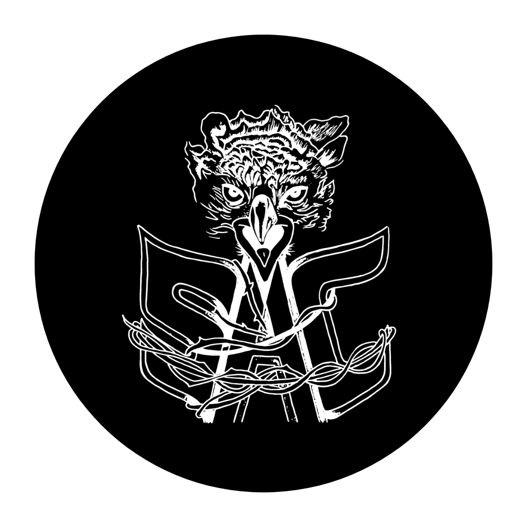 Solidarity Art Collective logo: Graphic of a black circle with a white logo that has the letters SAC tied together and the head of a hawk with its beak open above the letters