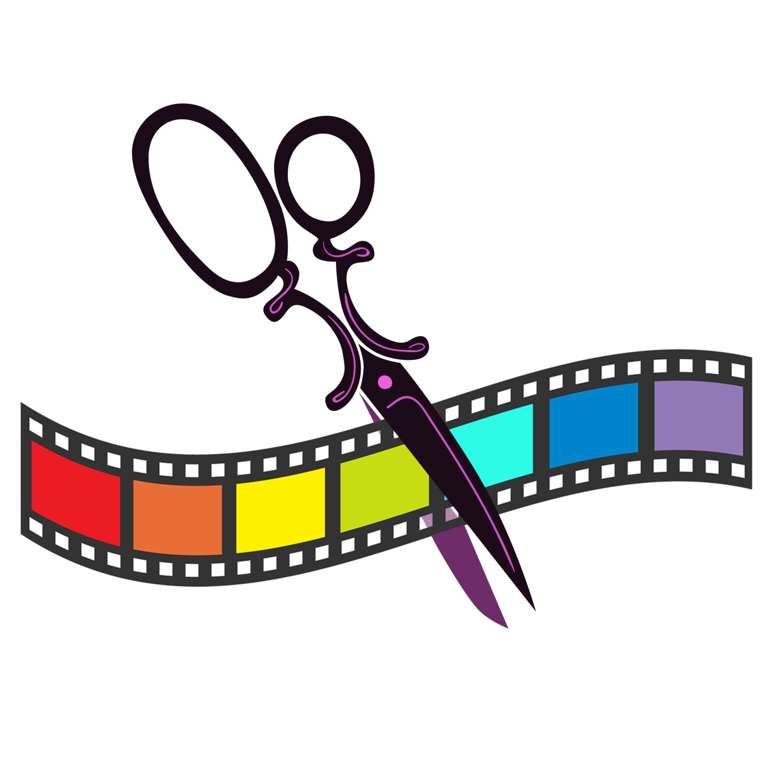 queer short cuts logo: Cartoony graphic of a pair of scissors cutting a roll of film where each slide is a different color of the rainbow.