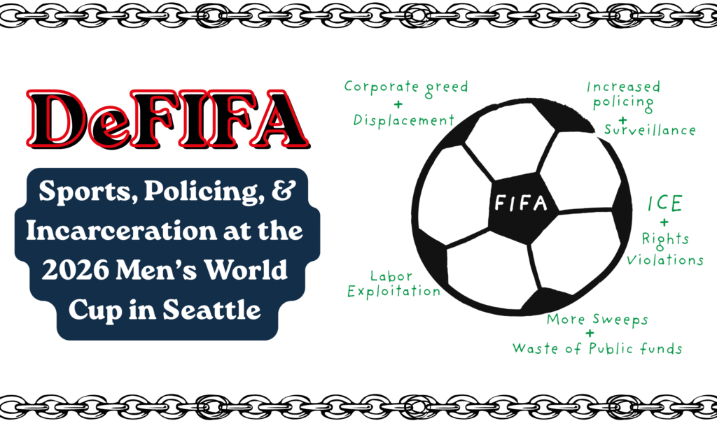 Header graphic with chains at the top and bottom borders and a soccer ball. The main text reads, "De-FIFA: Sports, Policing, and Incarceration at the 2026 Men's World Cup in Seattle". The soccer ball says "FIFA" in the center and is surrounded by other words describing the impacts of the World Cup: corporate greed and displacement, increased policing and surveillance, ICE and human rights violations, more sweeps and waste of public funds, and labor exploitation