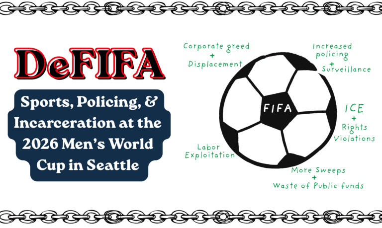Header graphic with chains at the top and bottom borders and a soccer ball. The main text reads, "De-FIFA: Sports, Policing, and Incarceration at the 2026 Men's World Cup in Seattle". The soccer ball says "FIFA" in the center and is surrounded by other words describing the impacts of the World Cup: corporate greed and displacement, increased policing and surveillance, ICE and human rights violations, more sweeps and waste of public funds, and labor exploitation