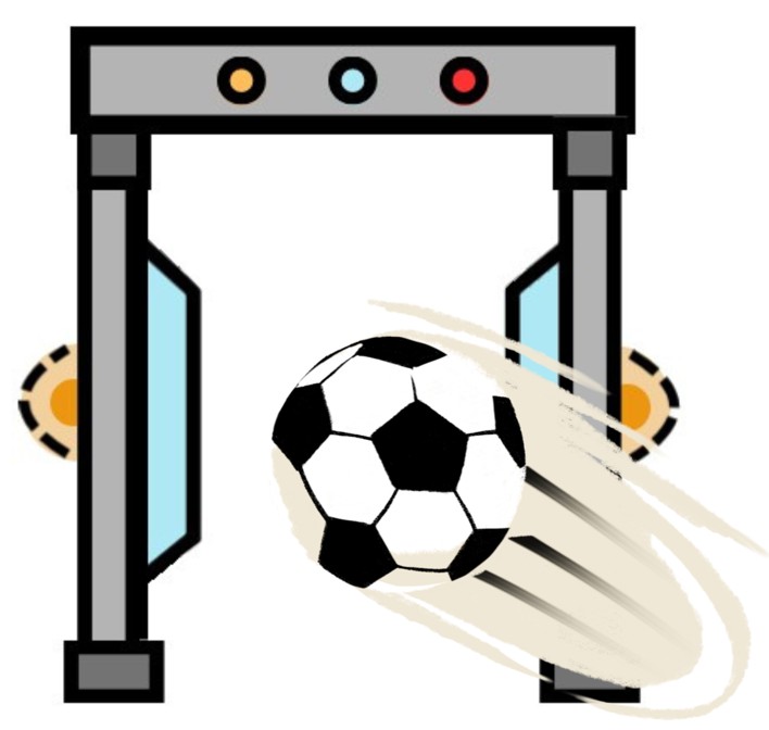 Cartoony digital art of a walk-through metal detector, with a soccer ball being hurled through it, playing on the fact that the metal detector looks similar to the frame of a goal.