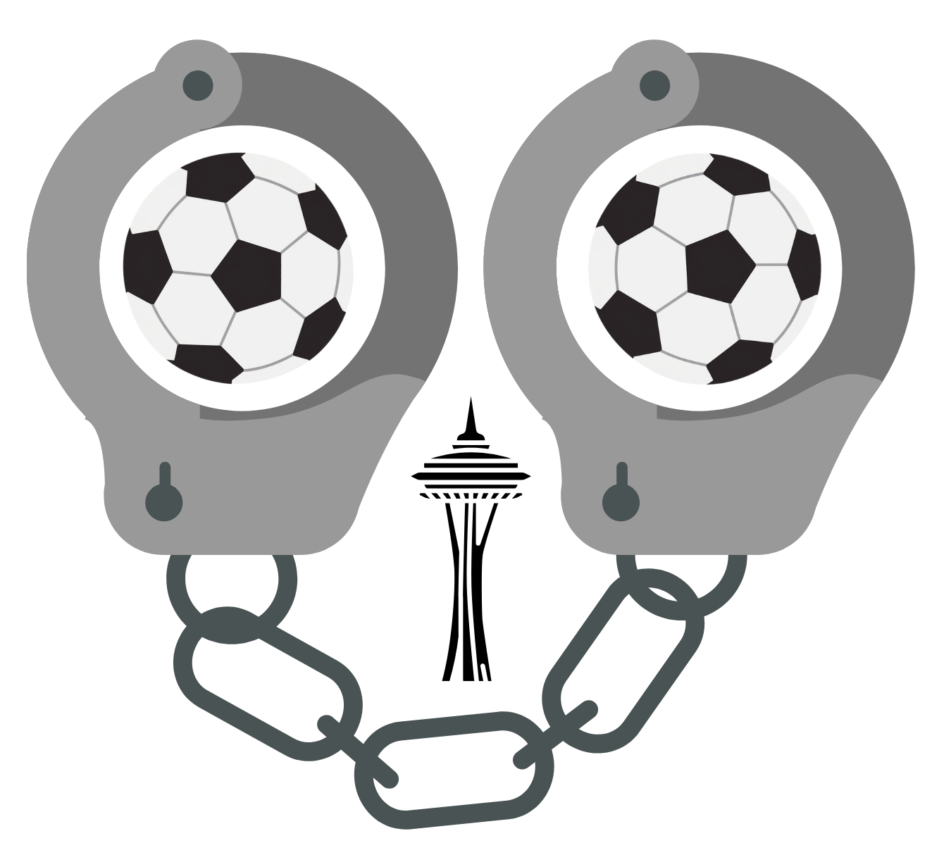 Cartoony digital art of a pair of handcuffs with soccer balls in the holes, and Seattle's Space Needle off in the distance