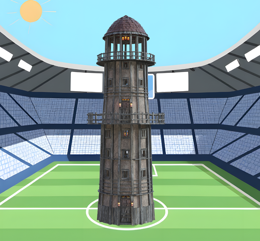 Cartoony digital art of a soccer stadium and a watchtower in the middle of the pitch, playing on the idea of a stadium looking like a panopticon prison.